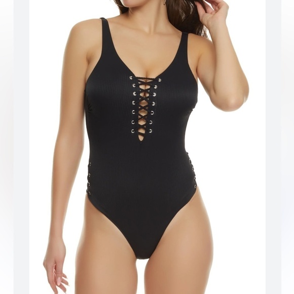 NWT TiniBikini Swimwear Blue Deep V Lace Up One Piece Swimsuit Size Small Sexy! - Picture 3 of 16